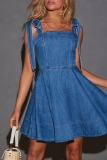 Casual Elegant Daily Solid Color Distressed Lace Up Square Neck Sleeveless Denim A Line Midi Slip Dresses