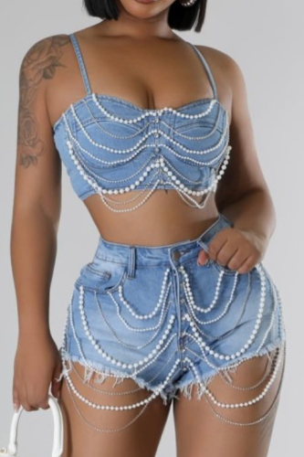 Sexy Sleeveless Backless Pearls Decor Denim Cami Bra Crop Top and Pocket Buttons Shorts Vacation Casual Two Pieces Short Set Sexy Sleeveless Backless Pearls Decor Denim Cami Bra Crop Top and Pocket Buttons Shorts Vacation Casual Two Pieces Short Set
