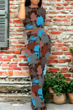 Casual Colorblock Print O Neck Short Sleeve  T Shirt and Straight Leg Pants Two Pieces Trouser Set