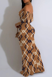 Splashed Ink Print Off Shoulder Long Sleeve One Step Skirt Vacation Boho Maxi Dresses