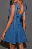Casual Elegant Daily Solid Color Distressed Lace Up Square Neck Sleeveless Denim A Line Midi Slip Dresses