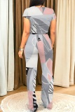 Casual Colorblock Print O Neck Short Sleeve  T Shirt and Straight Leg Pants Two Pieces Trouser Set
