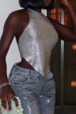 Sexy Party Club Wear Solid Color Patchwork Backless Strap Design Halter Crpp Tops