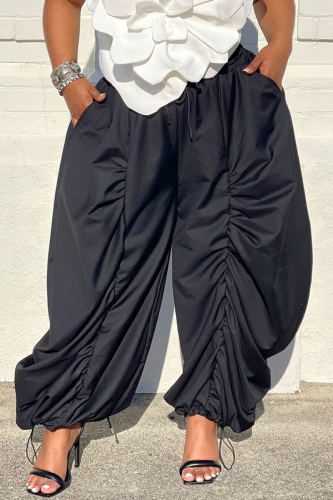 Casual Solid Color Pocket Patchwork Regular High ELastic Waist Solid Color Loose Fit Trousers Pants
