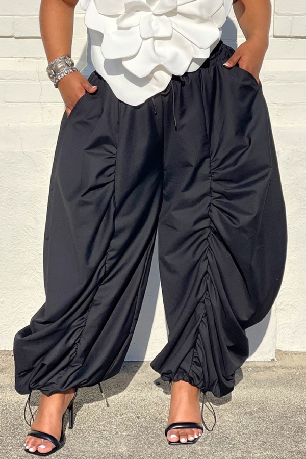 Casual Solid Color Pocket Patchwork Regular High ELastic Waist Solid Color Loose Fit Trousers Pants