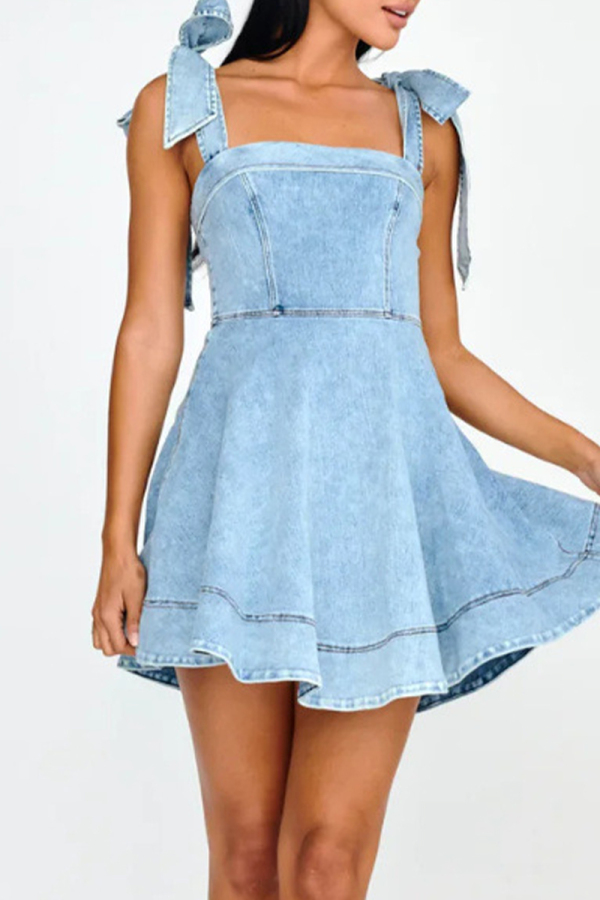 Casual Elegant Daily Solid Color Distressed Lace Up Square Neck Sleeveless Denim A Line Midi Slip Dresses