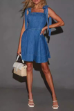 Casual Elegant Daily Solid Color Distressed Lace Up Square Neck Sleeveless Denim A Line Midi Slip Dresses