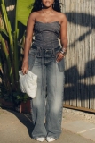 Casual Solid Color vintage Pocket Patchwork High Waist Straight Denim Jeans