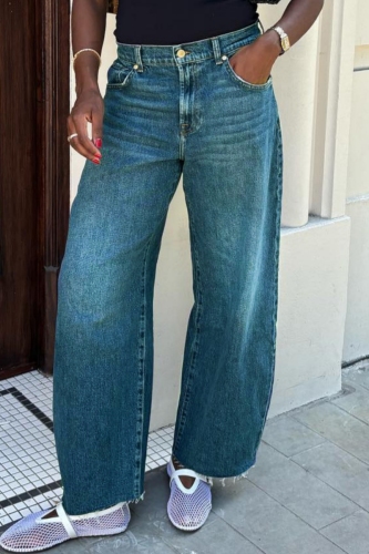 Casual Solid Color Vintage Patchwork High Waist Straight Wide Leg Denim Jeans