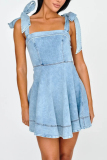 Casual Elegant Daily Solid Color Distressed Lace Up Square Neck Sleeveless Denim A Line Midi Slip Dresses
