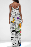 Graphcis Print Backless Spaghetti Strap Floor Length Vacation Baggy Sundress Slip Maxi Dress