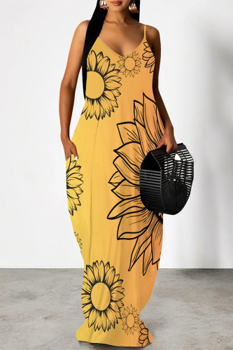 Sexy Floral Print Sleeveless Deep V Neck Vacation Straight Maxi Slip Dresses