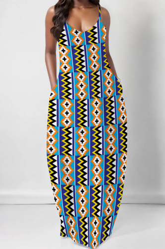 Sexy Graphcis Print Backless Spaghetti Strap Floor Length Vacation Baggy Sundress Slip Maxi Dress