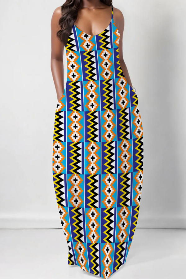Sexy Graphcis Print Backless Spaghetti Strap Floor Length Vacation Baggy Sundress Slip Maxi Dress