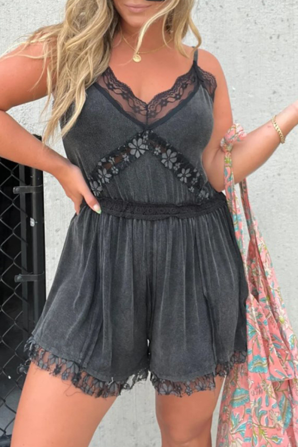 Sexy Solid Color Sleeveless Lace Pocket Adjustable V Neck Loose Slip Rompers