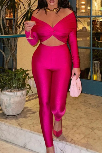 Sexy Solid Color Cut Out Patchwork Off Shoulder Long Sleeve Party Club Wear Skinny Slim Fit Jumpsuits