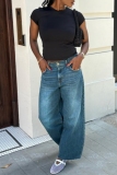 Casual Solid Color Vintage Patchwork High Waist Straight Wide Leg Denim Jeans