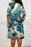 Geometric Print Deep V Neck 3/4 Sleeve Lace Up Plus Size Straight Midi Dresses