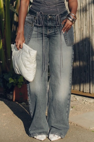 Casual Solid Color vintage Pocket Patchwork High Waist Straight Denim Jeans
