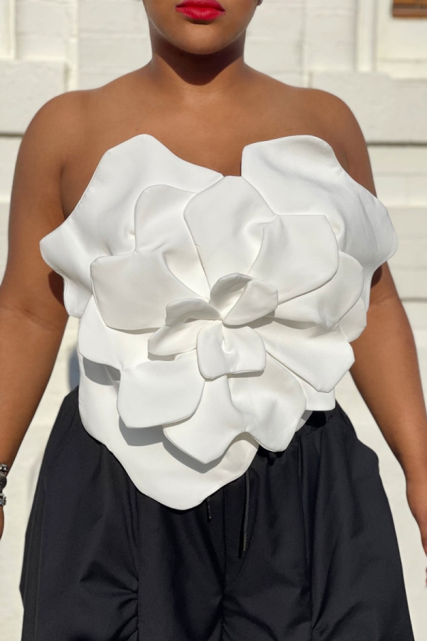 Sexy Casual Solid Color Flowers Backless Strapless Sleeveless Flower Knot Crop Tops