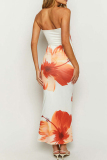 Sexy Vacation Wear Loral Print Patchwork Backless Strapless Slim Fit Long Maxi Tube Dresses
