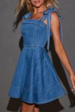 Casual Elegant Daily Solid Color Distressed Lace Up Square Neck Sleeveless Denim A Line Midi Slip Dresses