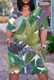 Casual Tropical Print Basic V Neck Short Sleeve Loose Pockets Midi T-Shirt Dress