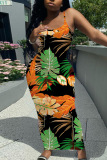 Sleeveless Casual Floral Print Backless Spaghetti Strap Long Bodycon Maxi Slip Dress