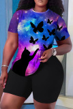 Halloween Pumpkin Cat Print O Neck Short Sleeve Oversize T-Shirt And Shorts Two Pieces Shorts Sets