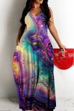 Graphcis Print Backless Spaghetti Strap Floor Length Vacation Baggy Sundress Slip Maxi Dress