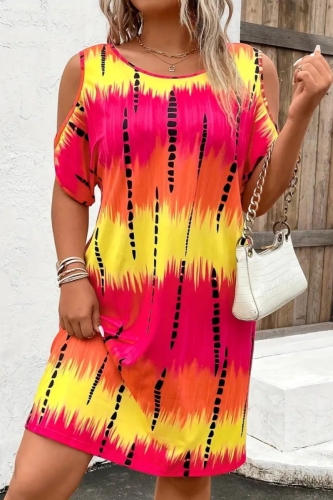 Casual Ombre Print O Neck Short Sleeve Hollow Out Plus Size Mini T-shirt Dresses