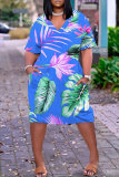Casual Tropical Print Basic V Neck Short Sleeve Loose Pockets Midi T-Shirt Dress