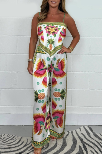 Boho Flowers Print Sleeveless Backless Square Neck Irregular Hem Cami Tops And Wide Leg Pants Vacation Two Pieces Trouser Sets