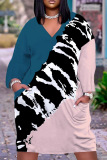 Casual Graphics Print Basic V Neck Long Sleeve Loose Pockets Midi T-Shirt Dress