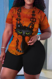 Halloween Pumpkin Cat Print O Neck Short Sleeve Oversize T-Shirt And Shorts Two Pieces Shorts Sets