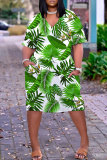 Casual Tropical Print Basic V Neck Short Sleeve Loose Pockets Midi T-Shirt Dress