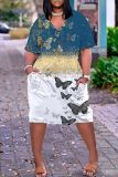 Casual Graphics Print Basic V Neck Short Sleeve Loose Pockets Midi T-Shirt Dress