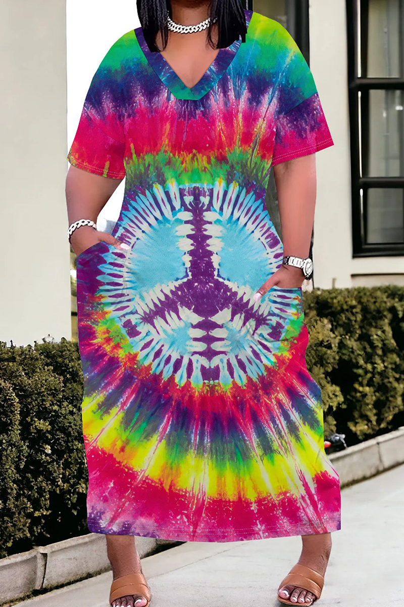 Vacation Casual Loose Tie-Dye Floral Trendy V-Neck Waist Slimming Midi Dress