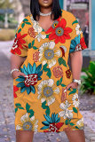 Casual Tropical Print Basic V Neck Short Sleeve Loose Pockets Midi T-Shirt Dress