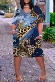 Casual Graphics Print Basic V Neck Short Sleeve Baggy T-shirt Midi Dress