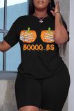 Halloween Skull Pumpkin Print O Neck Short Sleeve Oversize T-Shirt And Shorts Two Pieces Shorts Sets