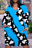 Casual Graphics Print Basic V Neck Long Sleeve Loose Pockets Midi T-Shirt Dress