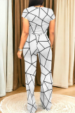 Geometry Print O Neck Short Sleeve Pocket Crop Tops And Wide Leg Pants Vacation Two Pieces Trouser Sets