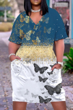 Casual Graphics Print Basic V Neck Short Sleeve Loose Pockets Midi T-Shirt Dress