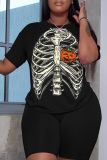 Halloween Skull Pumpkin Print O Neck Short Sleeve Oversize T Shirt And Shorts Two Pieces Shorts Sets