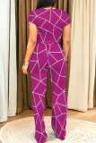 Geometry Print O Neck Short Sleeve Pocket Crop Tops And Wide Leg Pants Vacation Two Pieces Trouser Sets