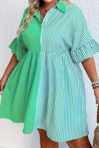 Casual Colorblock Striped Print Turndown Collar Cinch Waist Plus Size A Line Shirt Dresses