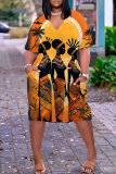 Casual Figure Print Basic V Neck Short Sleeve Loose Pockets Midi T-Shirt Dress
