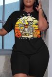 Halloween Skull Pumpkin Print O Neck Short Sleeve Oversize T-Shirt And Shorts Two Pieces Shorts Sets