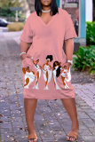 Casual Graphics Print Basic V Neck Short Sleeve Loose Pockets Midi T-Shirt Dress
